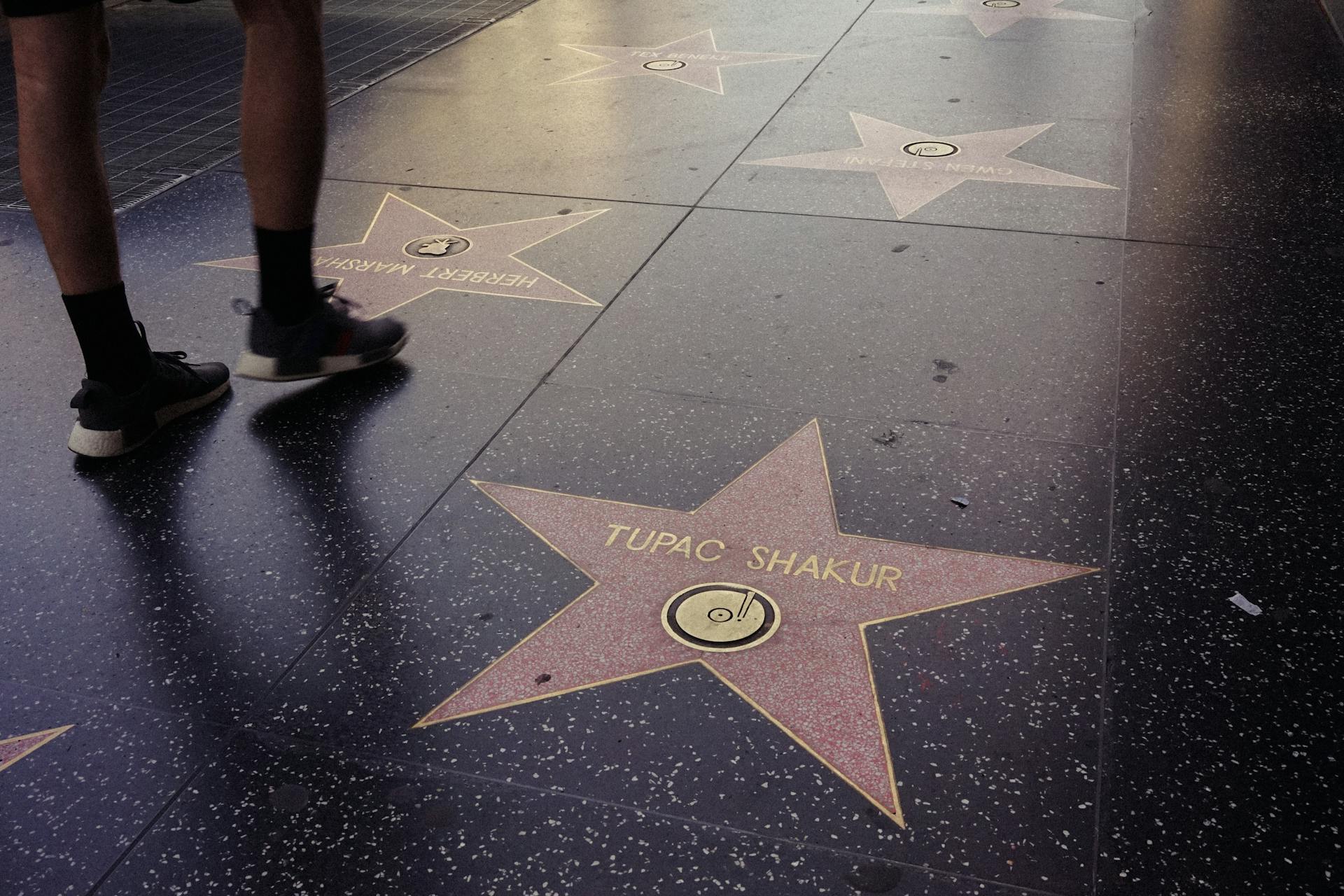 Photo of Hollywood Walk of Fame stars including famous names on a sidewalk.