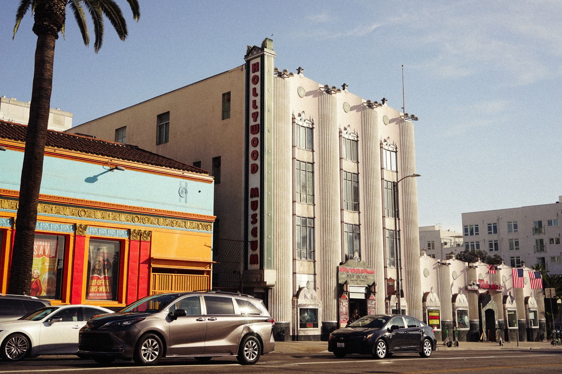 Art Deco Hollywood Museum and vibrant buildings on a sunny Los Angeles day.