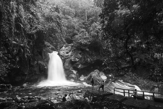 A serene black and white waterfall in a dense forest with people enjoying nature.