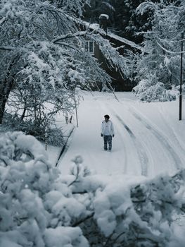 Person walking alone on a snow-covered path surrounded by winter trees.