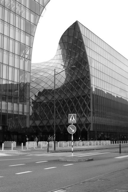 Black and white photo of modern architecture in Malmö, Sweden, highlighting sleek glass structures.