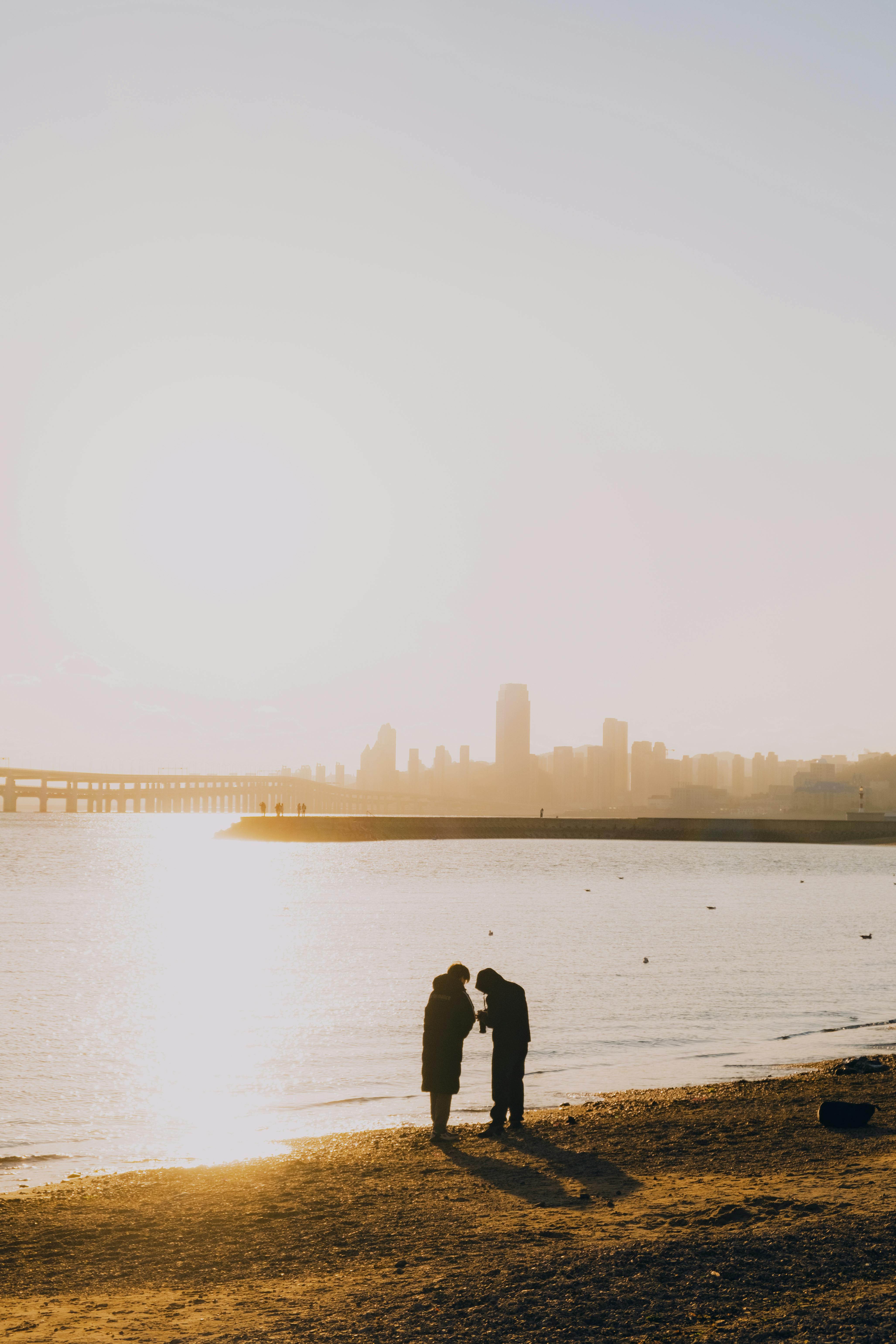 Romantic silhouettes of a couple on a beach with a city skyline at sunset.