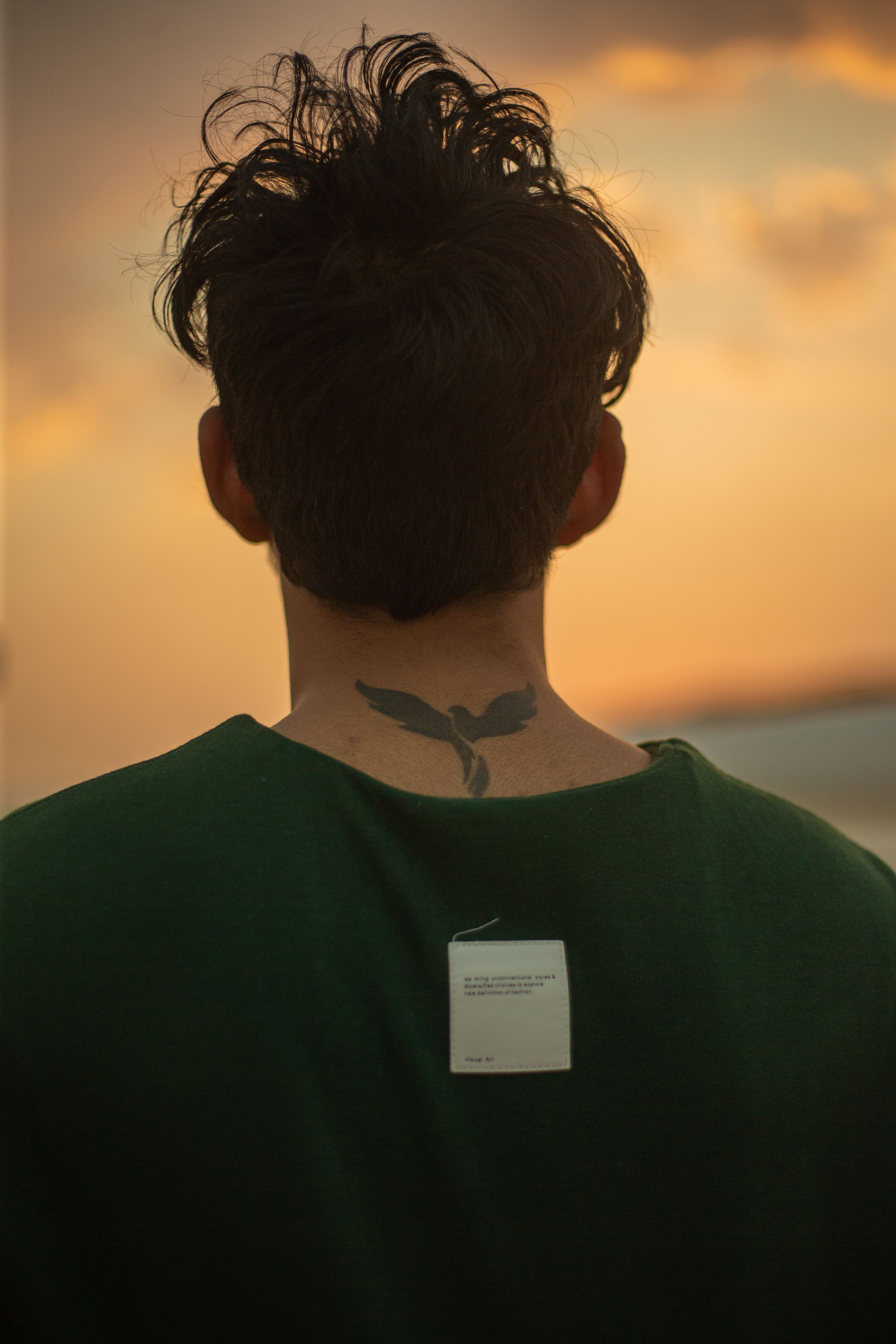 A man with a tattoo viewed from behind standing at sunset, reflecting tranquility.