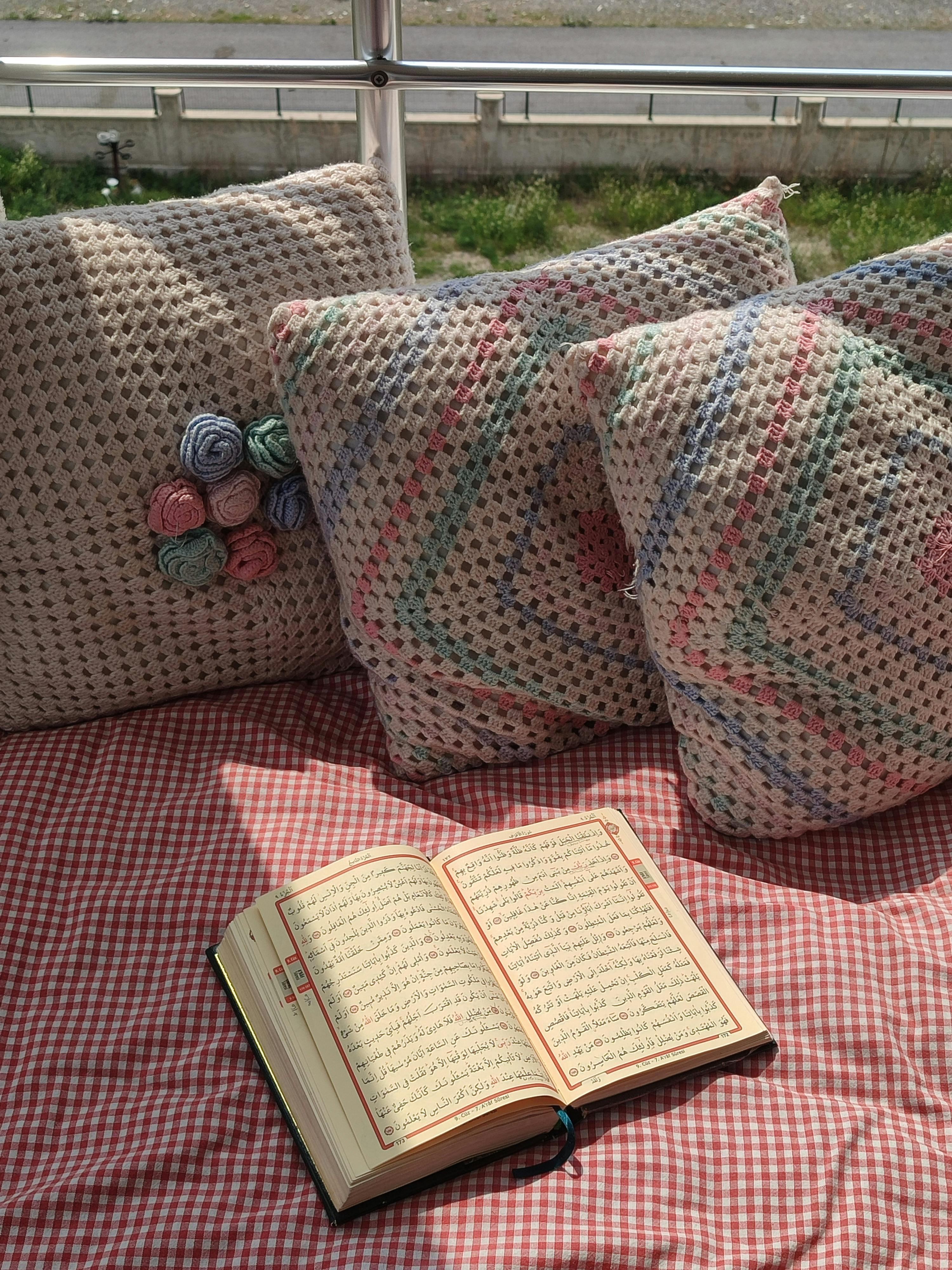 A serene outdoor setup with cozy pillows and an open book in sunlight.