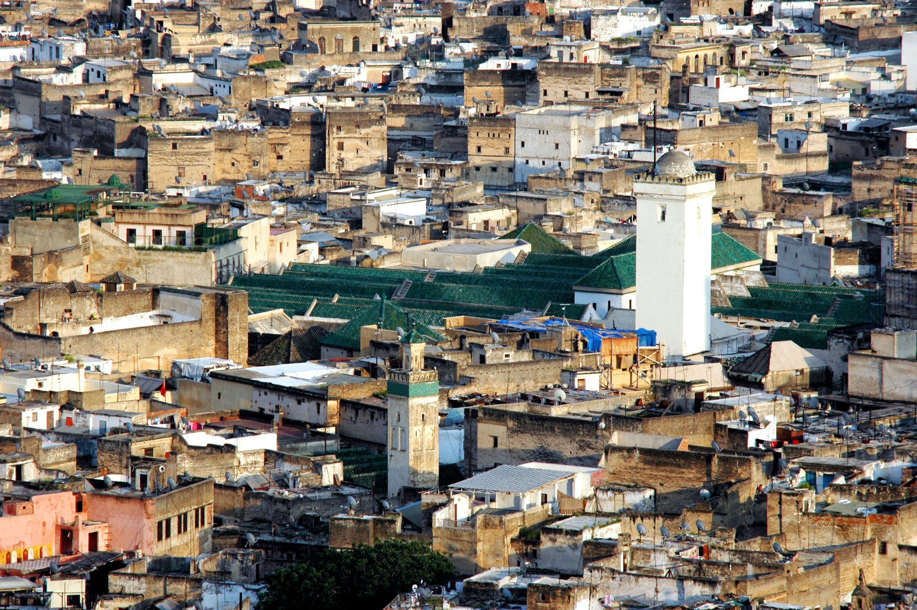 The dense rooftops and green-tiled Al-Qarawiyyin complex of the Fes el-Bali medina