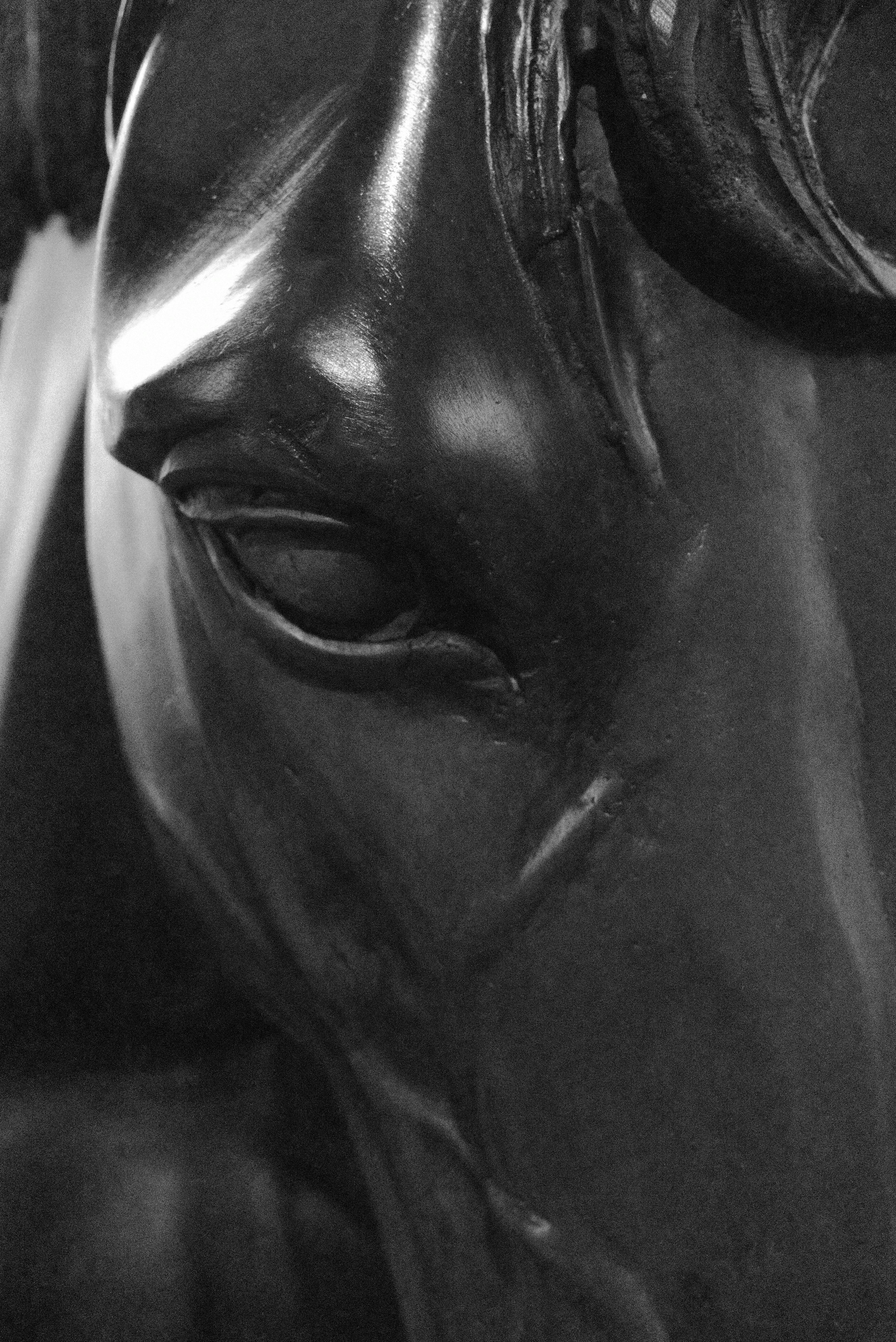 Intricate black and white close-up of a horse statue highlighting detailed craftsmanship.