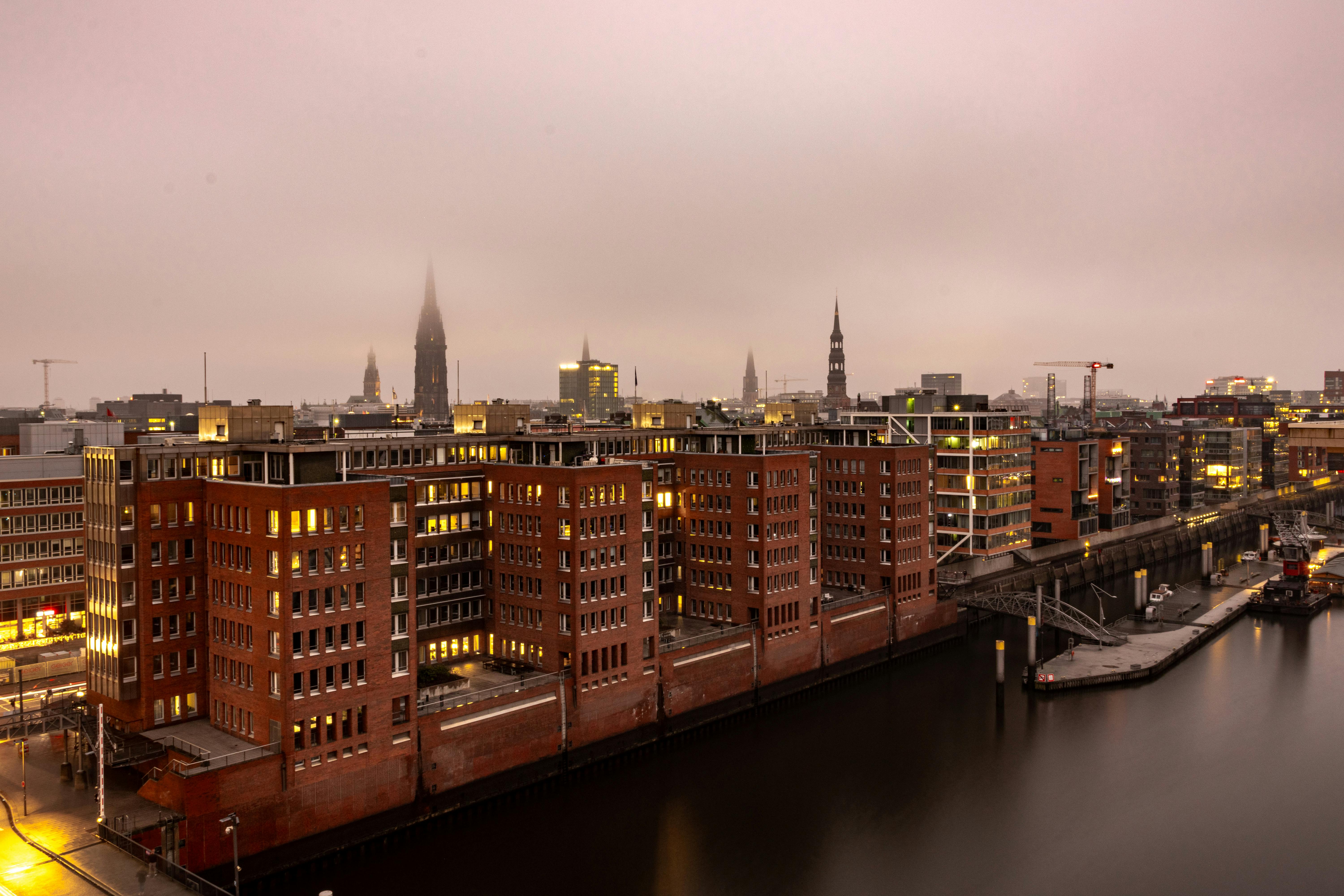 Hamburg scenery with canals and historic Speicherstadt warehouses