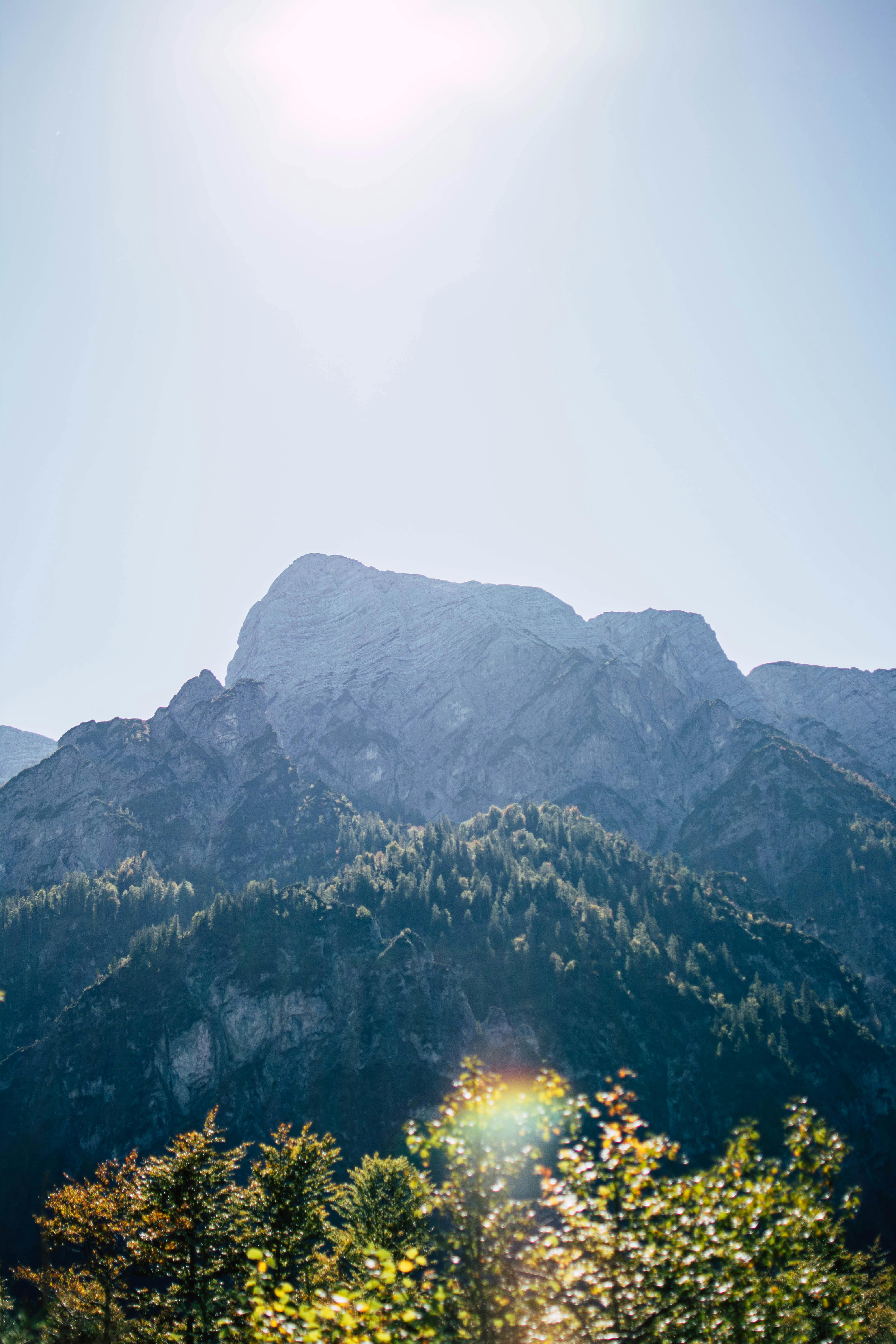 在晴朗的蓝天下，阳光明媚的山峰与壮丽的山脉景色，共同捕捉了白天的自然之美
