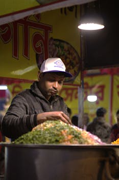 Street vendor preparing a vibrant dish under a light at a bustling night market.