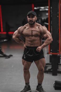 Strong bodybuilder posing confidently in a modern gym setting.