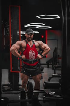 Strong bodybuilder posing in a modern gym, showcasing fitness and strength.