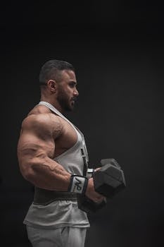 Strong man lifting weights showing muscle definition in gym setting.