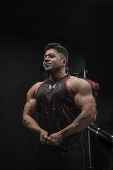 Strong man flexing muscles in gym with weights, showcasing physical fitness and bodybuilding.