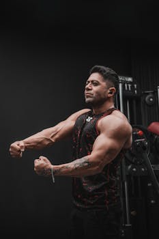 Strong adult male poses showing muscles in gym environment, exuding confidence.