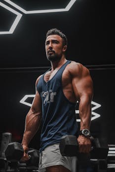 Strong man working out with dumbbells in a modern gym setting, showcasing fitness.