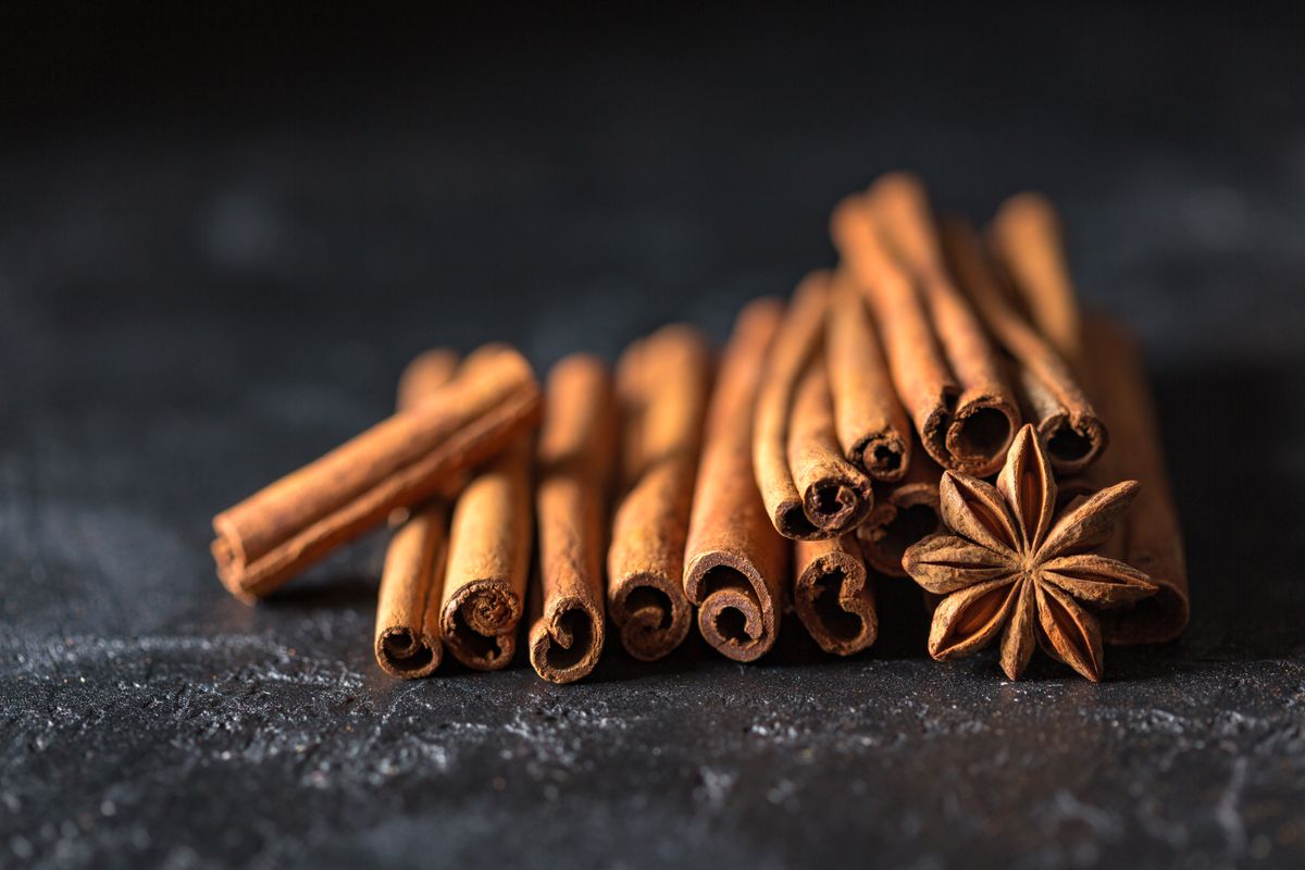 Cinnamon sticks and star anise on a dark textured surface