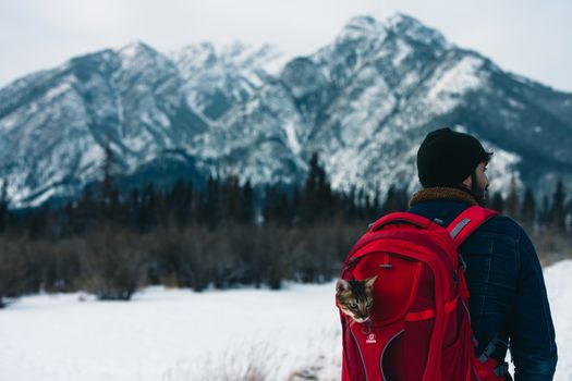 A man hikes with a red backpack and cat in Banff, Canada during winter.