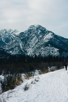 A snowy hiking path leading to the majestic mountains in Banff National Park, Alberta.