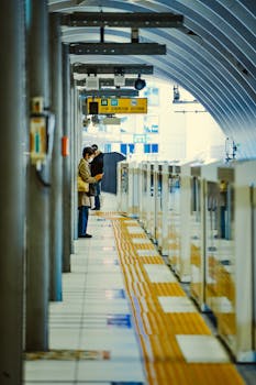 Urban commuters waiting for a train at Shibuya Station, Tokyo, showcasing modern railway architecture.