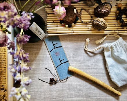 An artistic flat lay of traditional Chinese calligraphy tools and artifacts, showcasing cultural heritage.