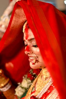 A beautiful Indian bride in traditional attire, adorned with gold jewelry and a red veil.
