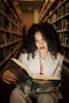 A young woman deeply engaged in reading a book in a library aisle, surrounded by bookshelves.