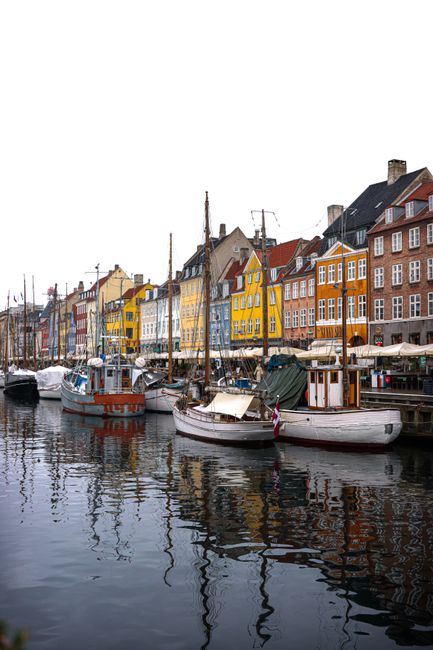 Charming view of colorful houses and boats along the Nyhavn canal in Copenhagen, Denmark.