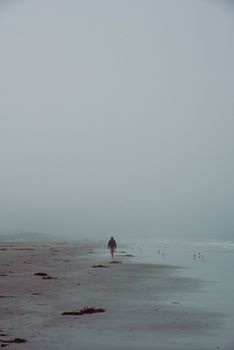 A lone figure walks along a foggy, deserted Malibu beach, capturing serene solitude.