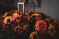 这美丽的秋季花卉布置以菊花和玫瑰为特色，并配有装饰灯笼