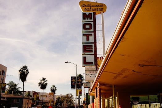 Iconic Hollywood Premiere motel sign against a California sky, framed by palm trees.