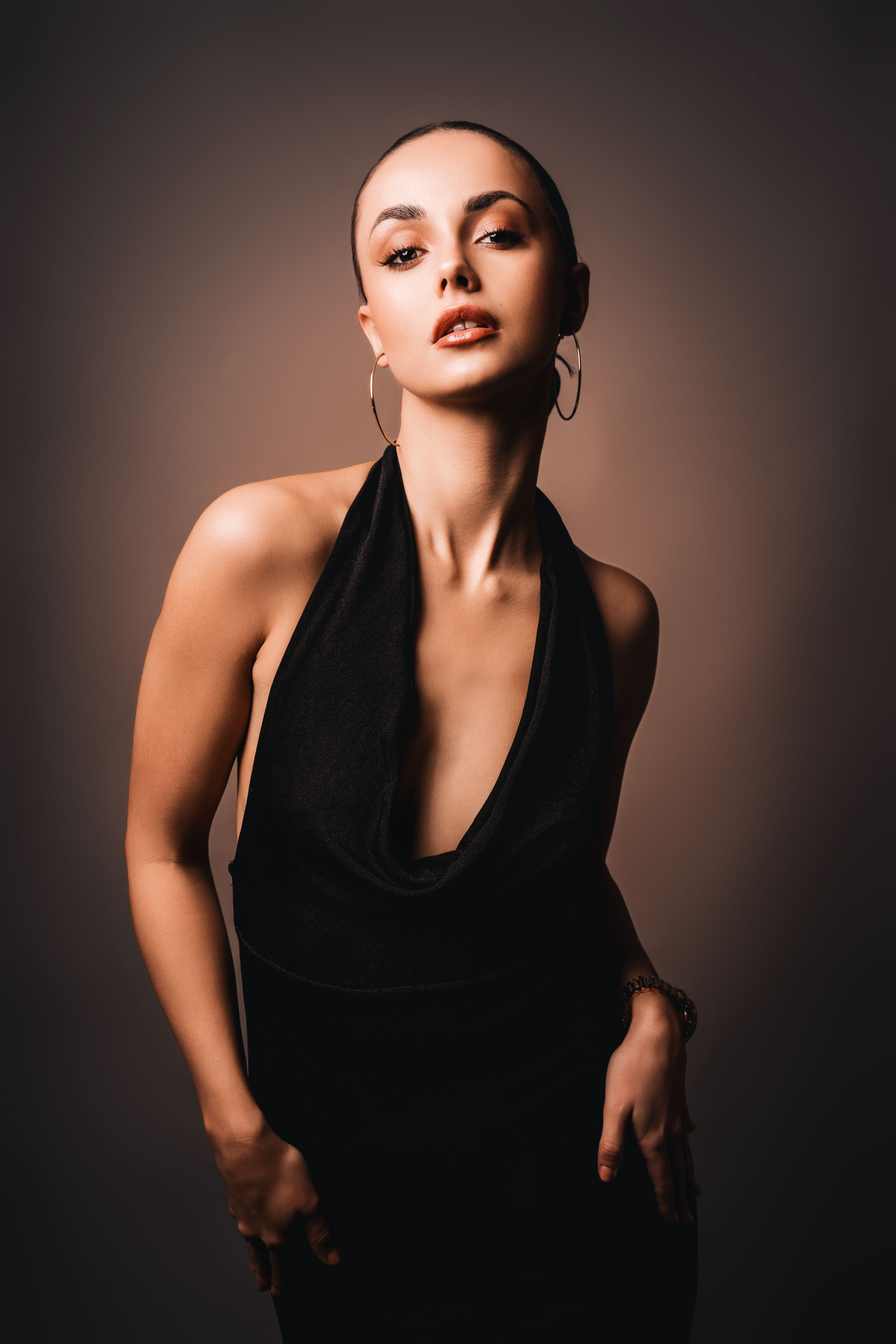 Black halter top with barrel jeans