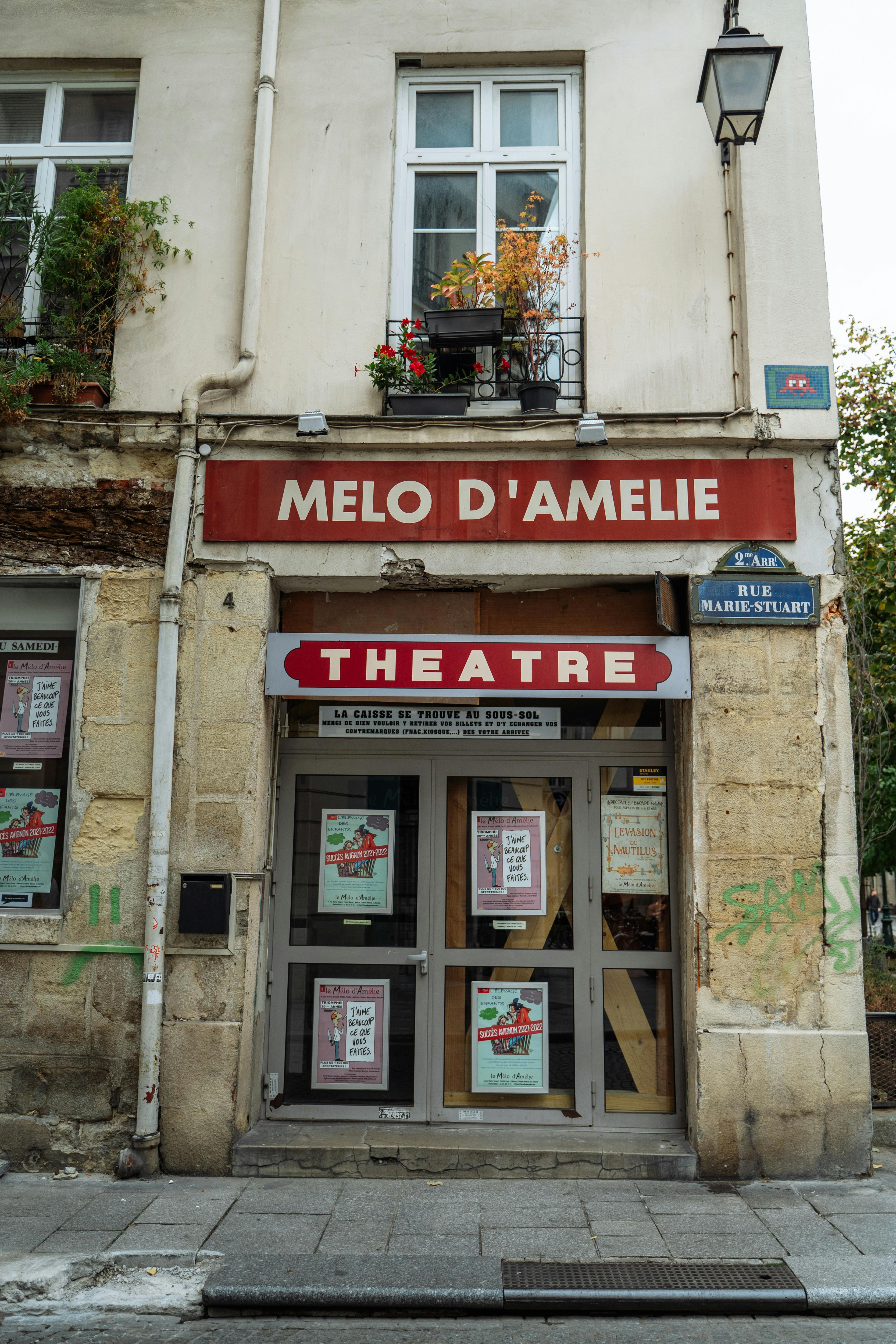 bezplatná Vstup do historického divadla Melo d'Amelie na Rue Marie Stuart v Paříži. Základová fotografie