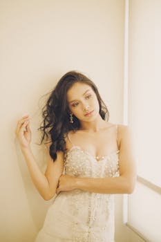 一位穿着白色连衣裙的女人，若有所思地优雅倚靠在白墙上