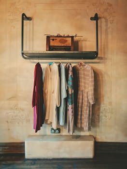 Collection of vintage dresses hanging on a rustic rack with retro decor.