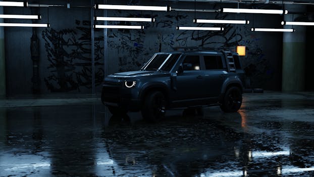 A modern SUV parked in a stylish, dimly-lit underground garage.