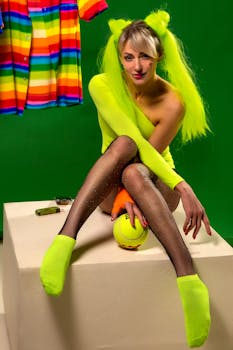 Colorful portrait featuring a model in neon attire against a green backdrop, exuding vibrant energy.