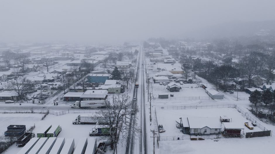 Aerial view of Chattanooga, Tennessee, covered in snow during winter.
