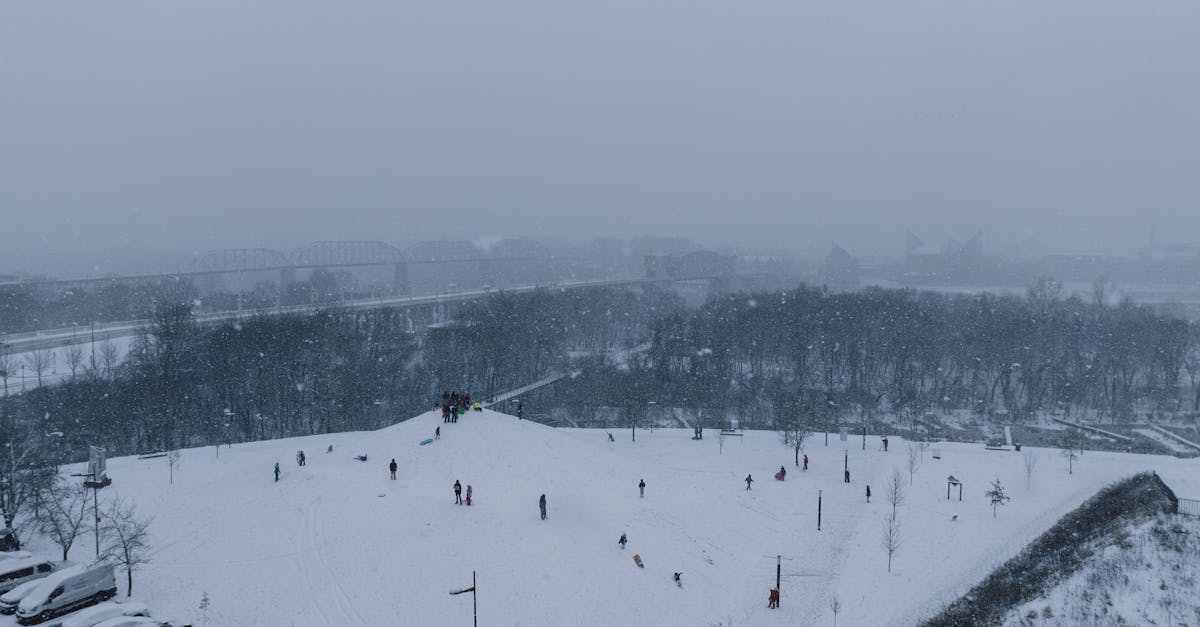 Aerial view of a snowy park with people sledding on a winter day.