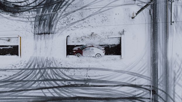 Aerial view of a red car in a snowy parking lot with tire tracks.