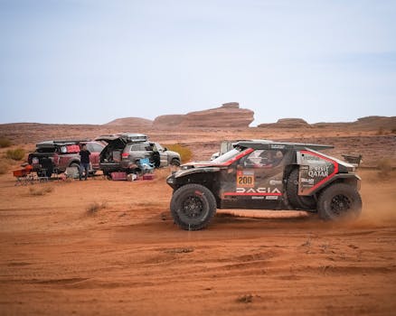 Action-packed off-road rally race amidst stunning desert landscapes, capturing the thrill of adventure.