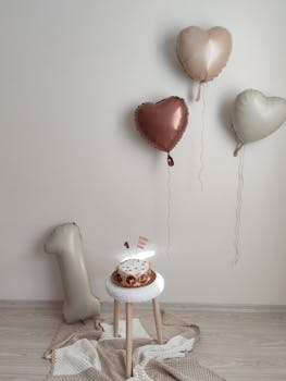 Minimalist first birthday setup with cake, number balloon, and heart balloons.