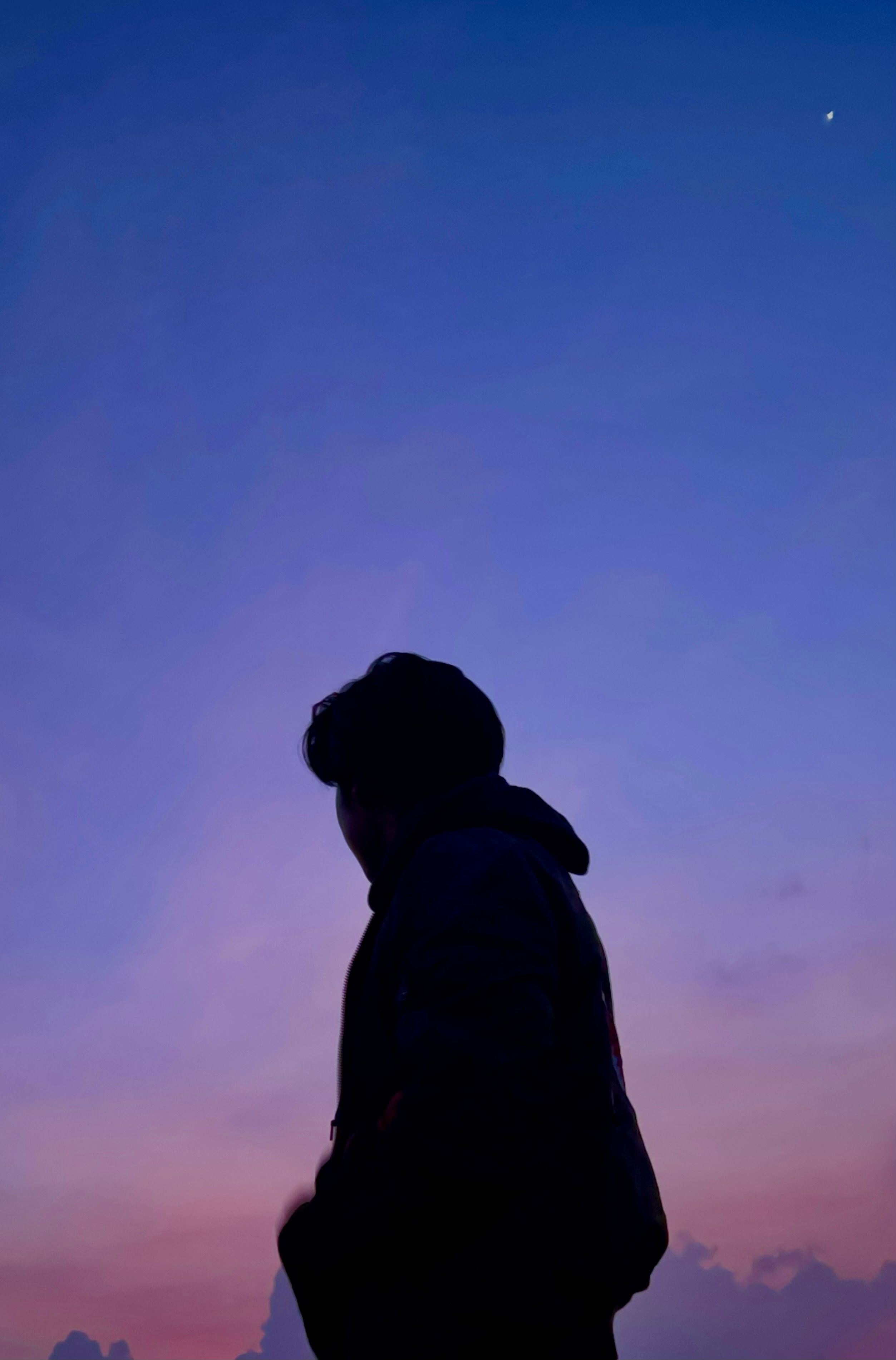 A person in profile silhouette set against a dynamic blue and pink twilight sky.