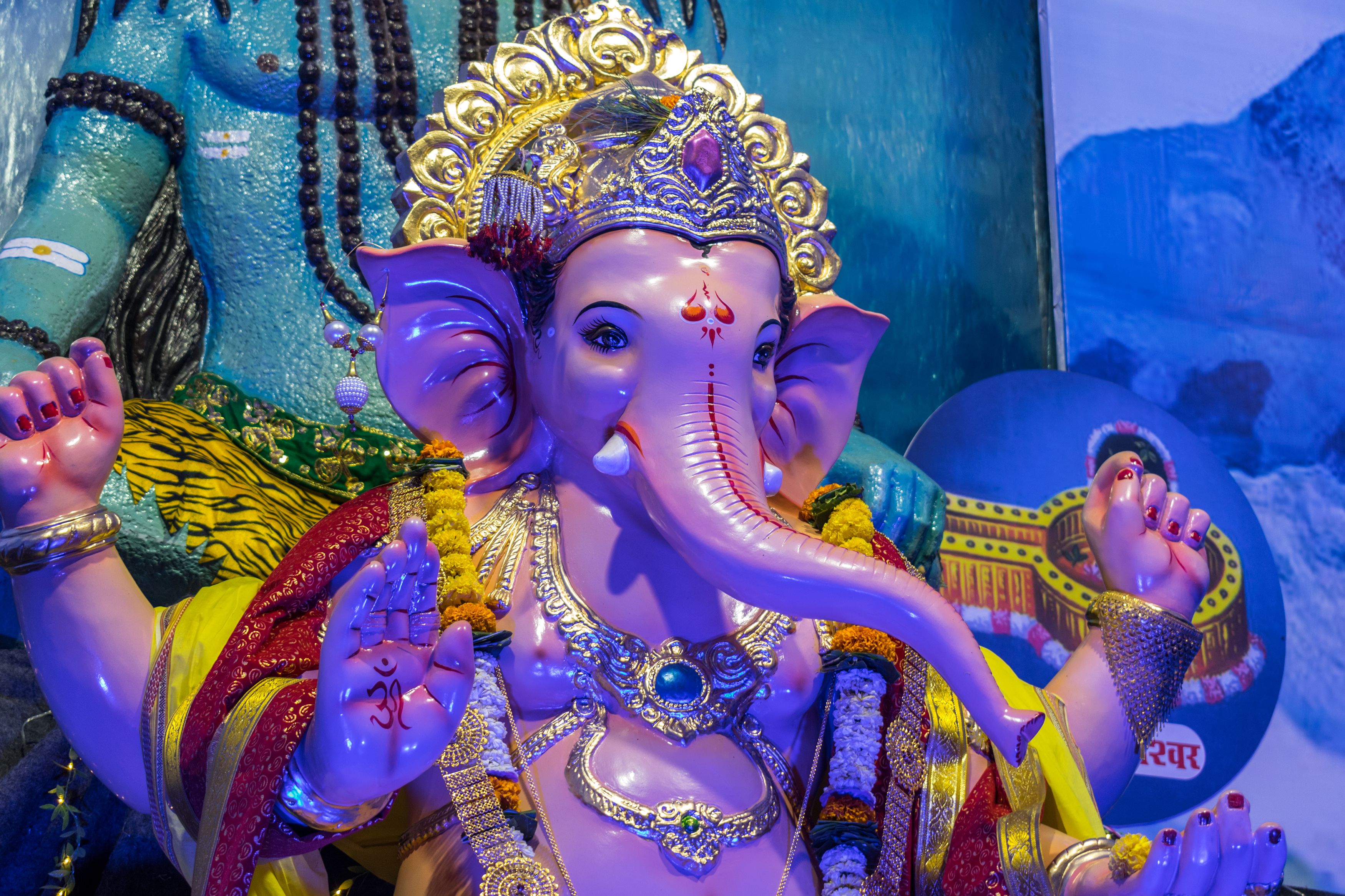 Colorful Ganesh idol decorated for Ganesh Chaturthi festival in Mumbai, India.