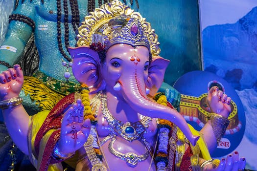 Colorful Ganesh idol decorated for Ganesh Chaturthi festival in Mumbai, India.