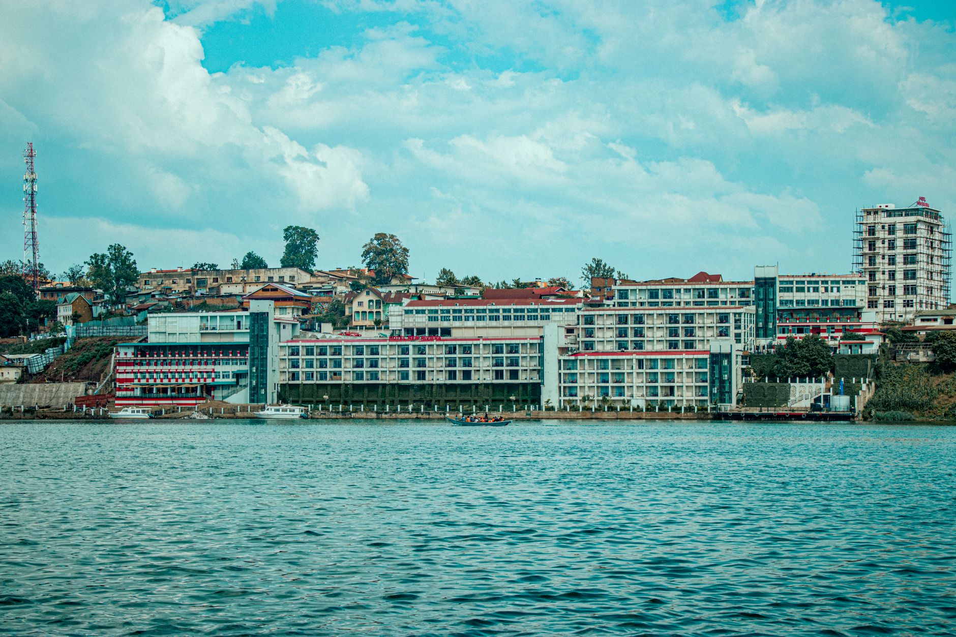 Urban landscape of Bukavu, South Kivu, Democratic Republic of Congo, featuring waterfront buildings and Lake Kivu.