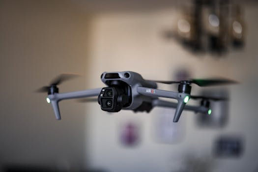 A high-tech drone flying indoors with propellers spinning rapidly, showcasing advanced technology.