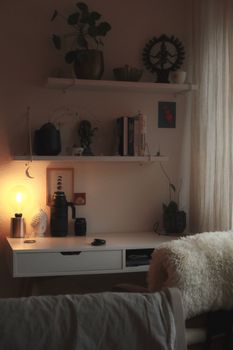 Warm ambient home office scene with plants, desk, and decor. Relaxing atmosphere.