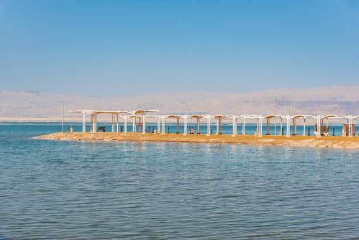 Peaceful beach with sunshades by the Dead Sea in Israel under a clear blue sky.