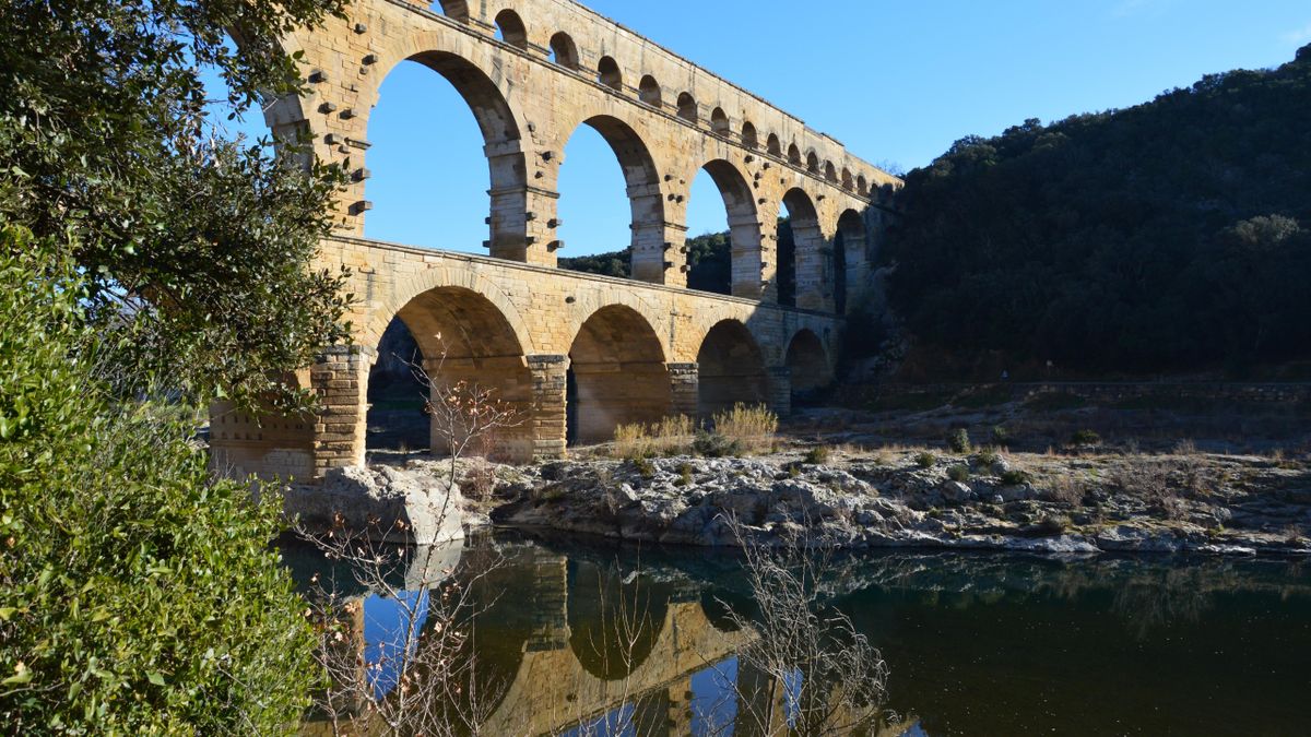 The three-tier Roman Pont du Gard aqueduct over the river