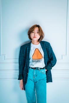 Stylish woman in casual attire posing indoors against a white wall.